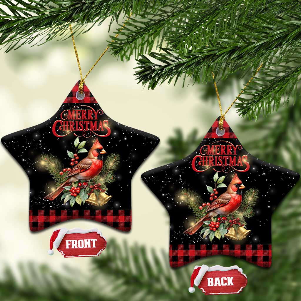 Merry Christmas Cardinal Christmas Ceramic Ornament Buffalo Plaid Holiday Redbird Holly and Bells - Wonder Print Shop