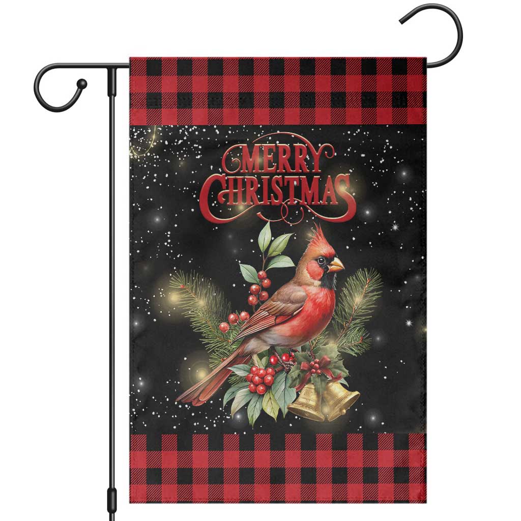 Merry Christmas Cardinal Garden Flag Buffalo Plaid Holiday Redbird Holly and Bells - Wonder Print Shop