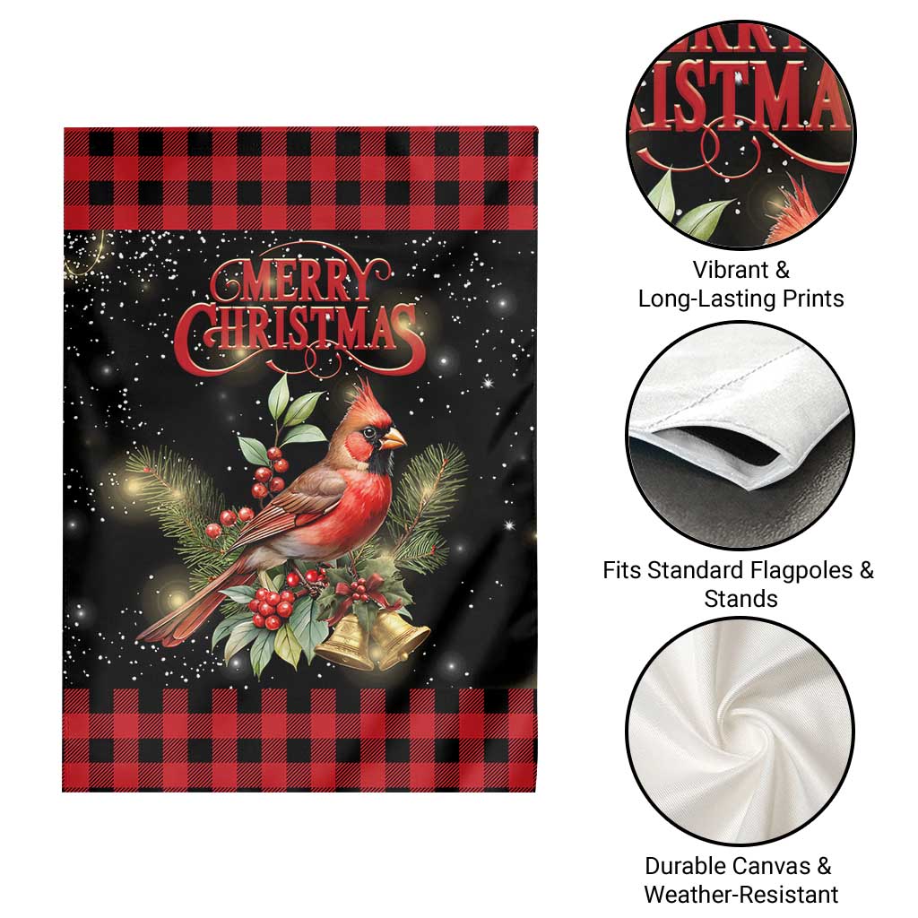 Merry Christmas Cardinal Garden Flag Buffalo Plaid Holiday Redbird Holly and Bells - Wonder Print Shop