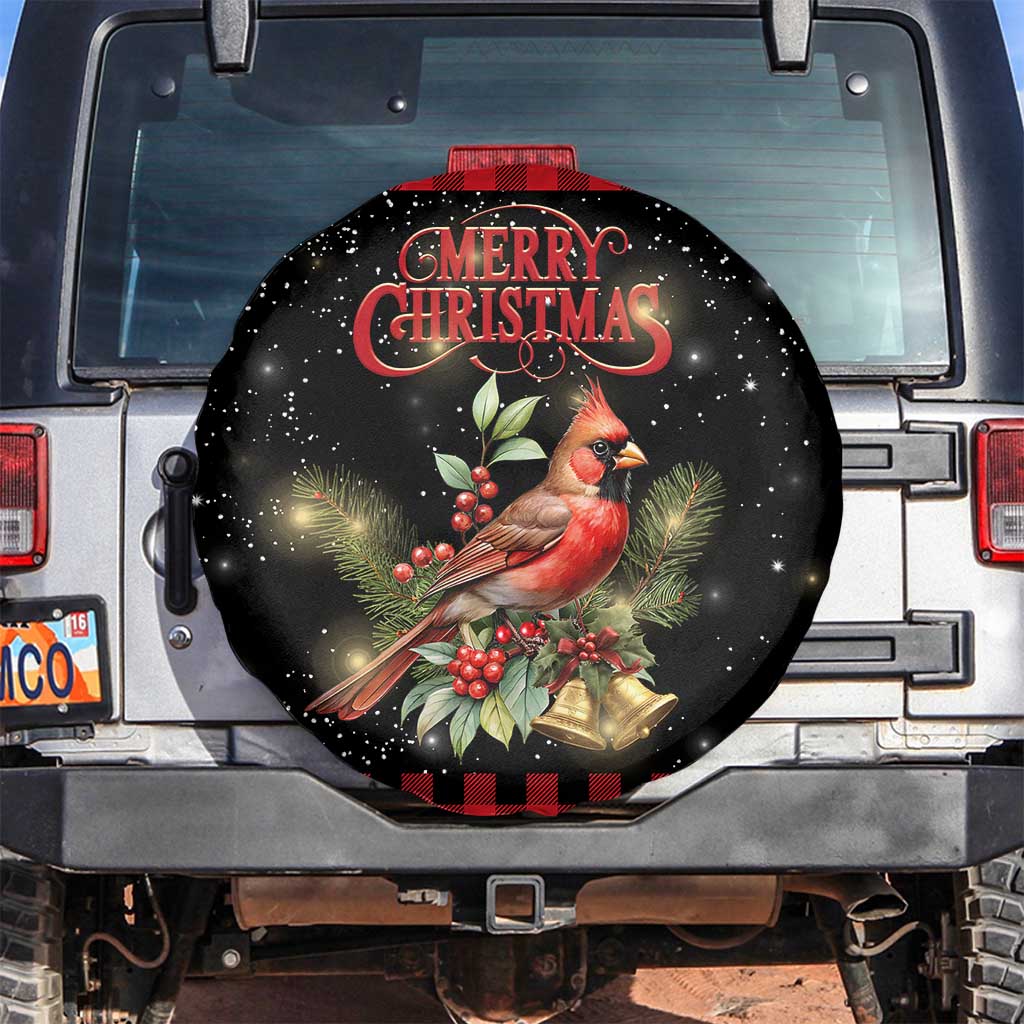 Merry Christmas Cardinal Spare Tire Cover Buffalo Plaid Holiday Redbird Holly and Bells - Wonder Print Shop