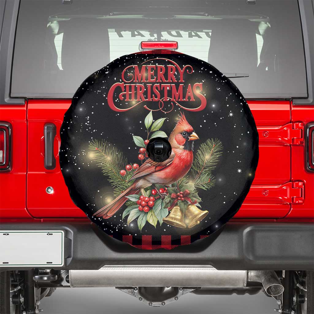 Merry Christmas Cardinal Spare Tire Cover Buffalo Plaid Holiday Redbird Holly and Bells - Wonder Print Shop