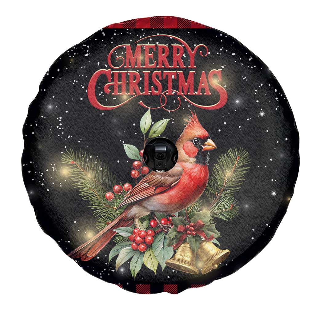 Merry Christmas Cardinal Spare Tire Cover Buffalo Plaid Holiday Redbird Holly and Bells - Wonder Print Shop