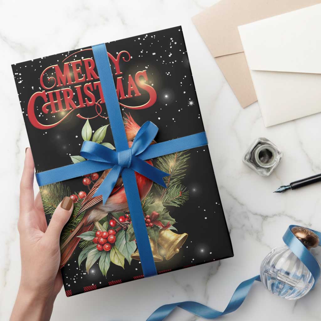 Merry Christmas Cardinal Wrapping Paper Buffalo Plaid Holiday Redbird Holly and Bells - Wonder Print Shop
