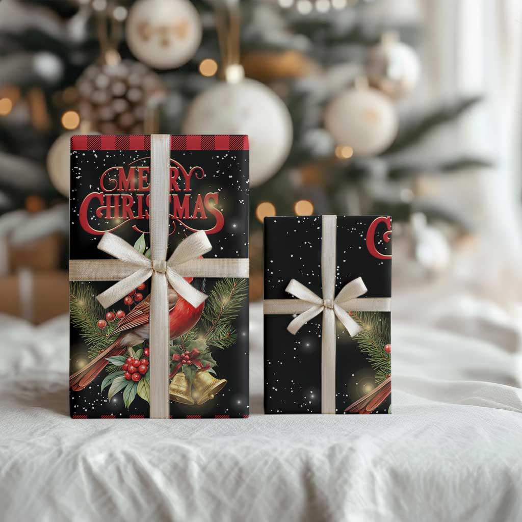 Merry Christmas Cardinal Wrapping Paper Buffalo Plaid Holiday Redbird Holly and Bells - Wonder Print Shop