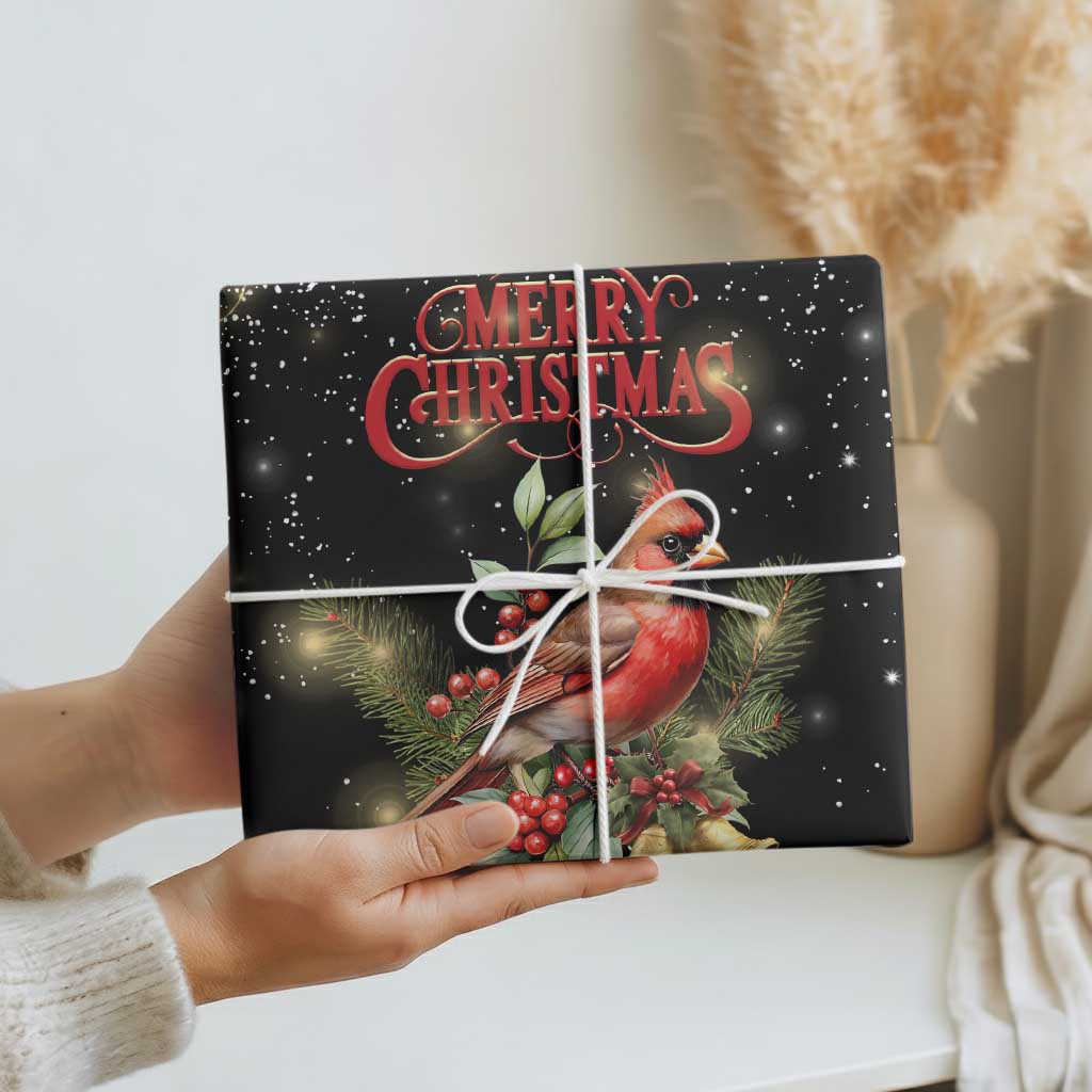 Merry Christmas Cardinal Wrapping Paper Buffalo Plaid Holiday Redbird Holly and Bells - Wonder Print Shop