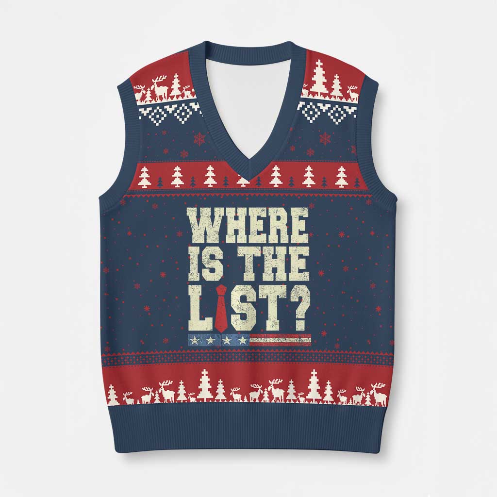 Where Is The List V-Neck Knit Sweater Vest Funny Political Conspiracy Parody - Wonder Print Shop