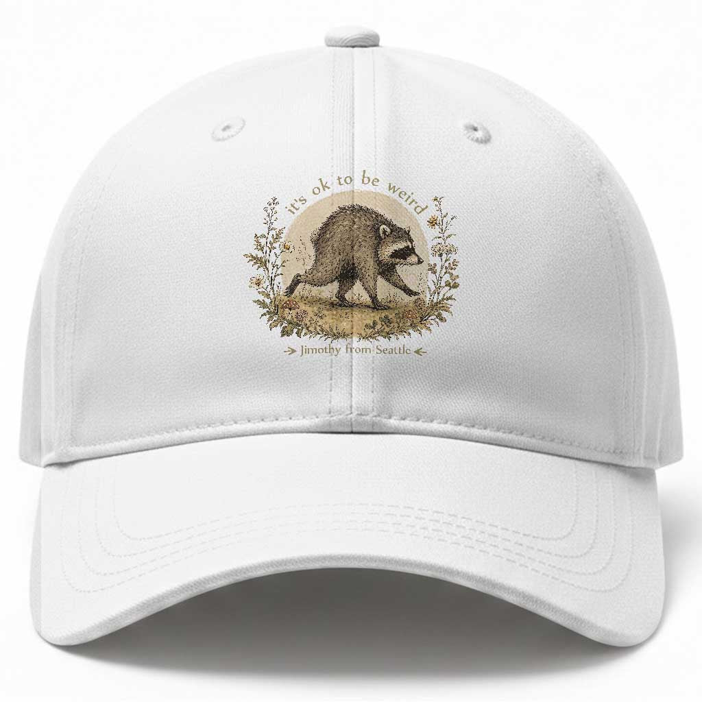 It is OK To Be Weird Jimothy the Raccoon Cottagecore Baseball Cap Floral Seattle Trash Panda Inspiration