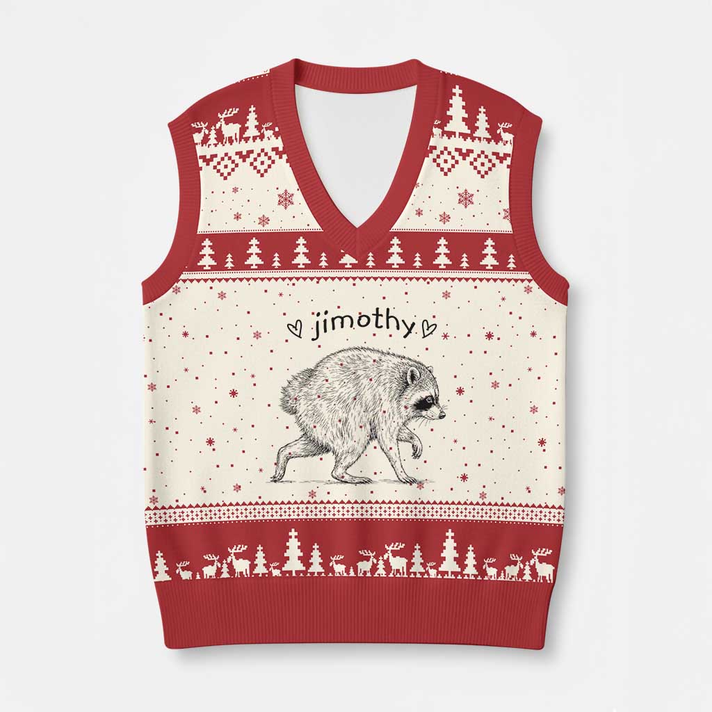 Cute Jimothy the Raccoon Hand Drawn Graphic V-Neck Knit Sweater Vest Seattle Trash Panda Lover Supporter