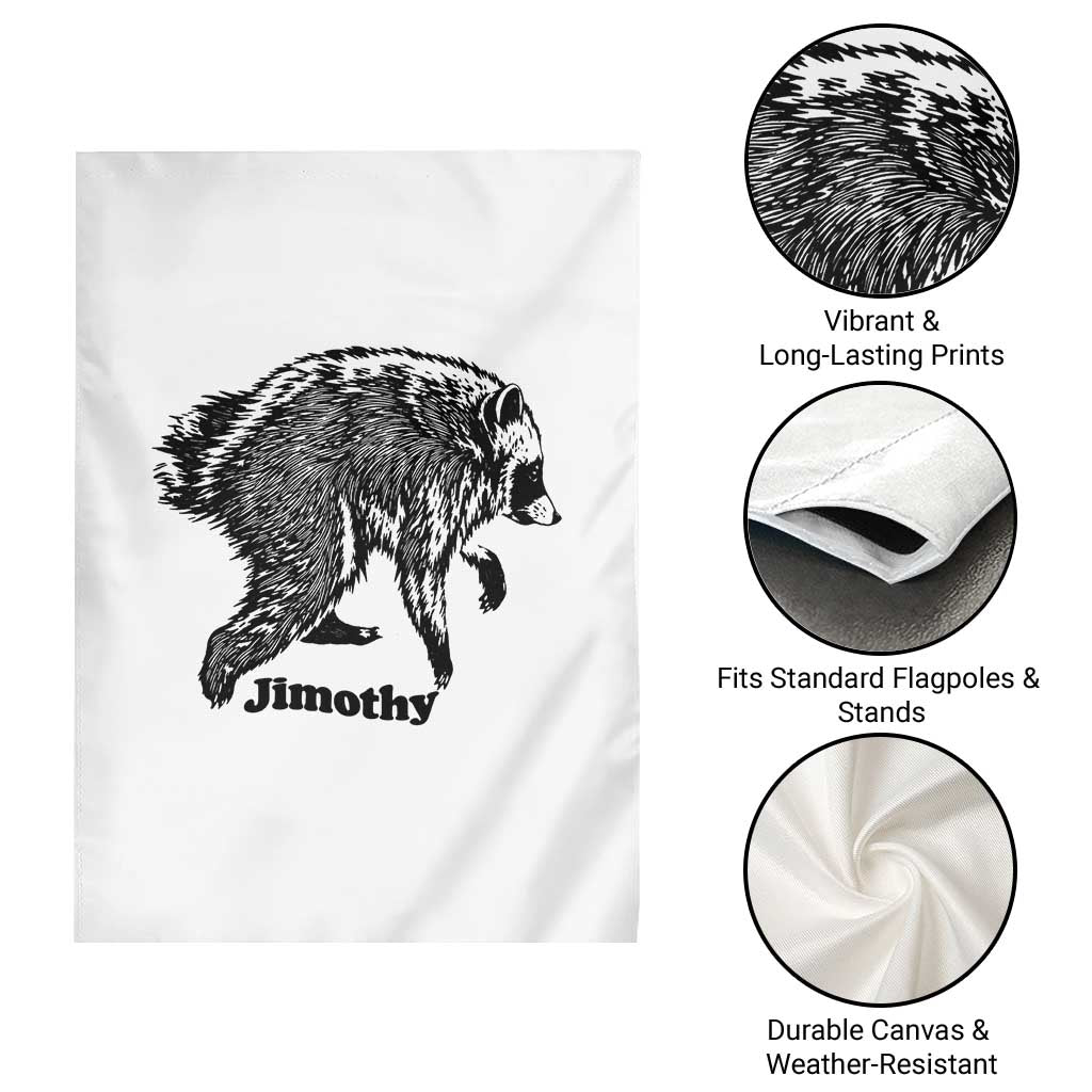 Jimothy Viral Seattle Raccoon Vintage Woodcut Style Graphic Garden Flag Funny Trash Panda Wildlife Meme