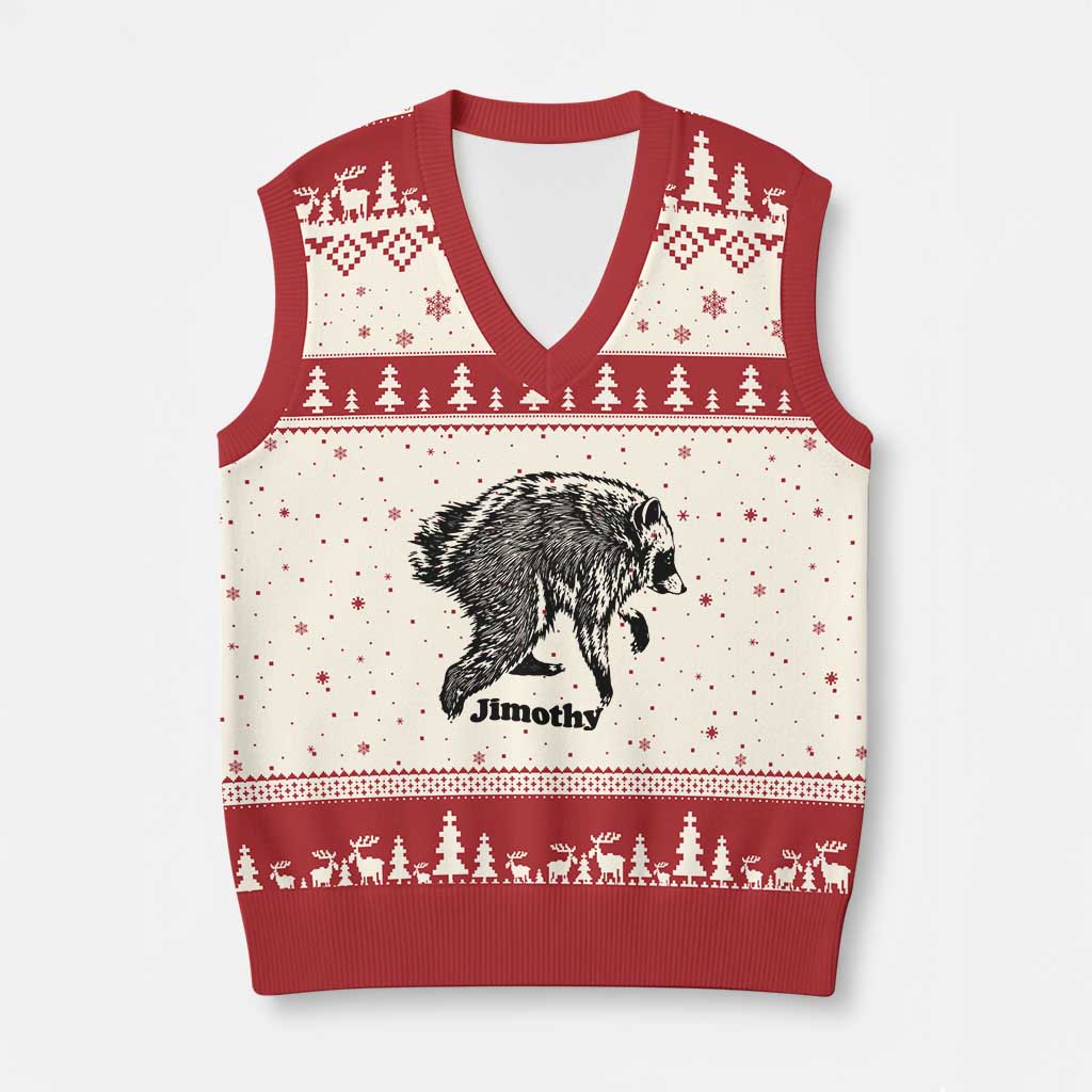 Jimothy Viral Seattle Raccoon Vintage Woodcut Style Graphic V-Neck Knit Sweater Vest Funny Trash Panda Wildlife Meme