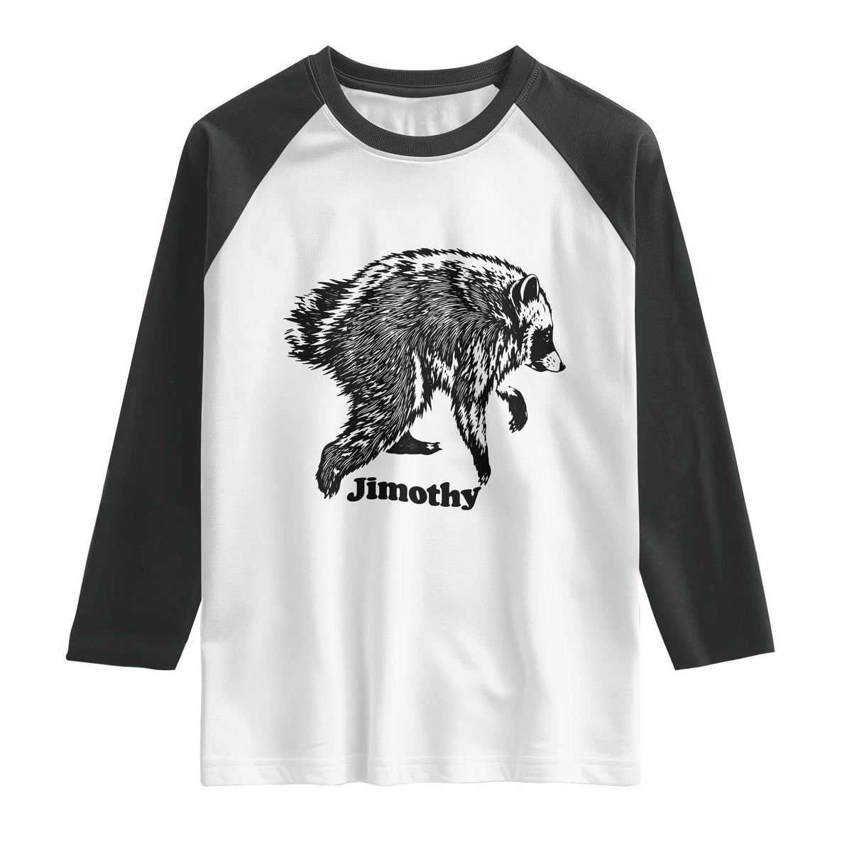 Jimothy Viral Seattle Raccoon Vintage Woodcut Style Graphic Raglan Shirt Funny Trash Panda Wildlife Meme