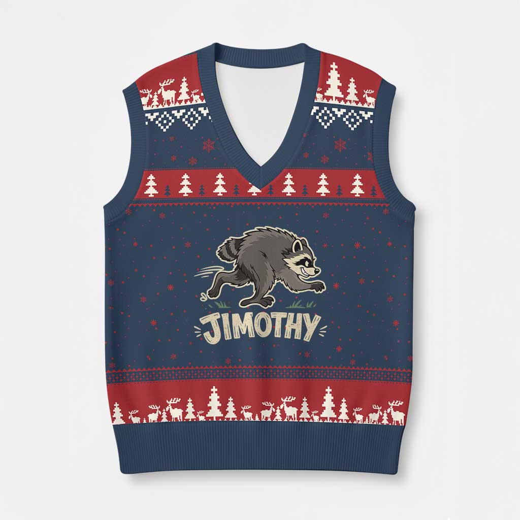 Funny Running Jimothy the Raccoon V-Neck Knit Sweater Vest Viral Seattle Trash Panda Meme