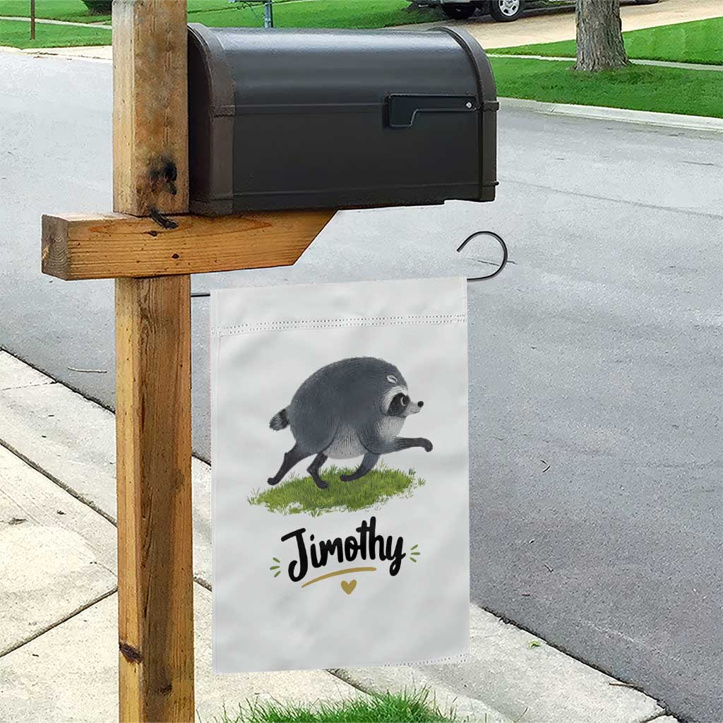 Cute Running Jimothy the Raccoon Garden Flag Viral Seattle Trash Panda Meme