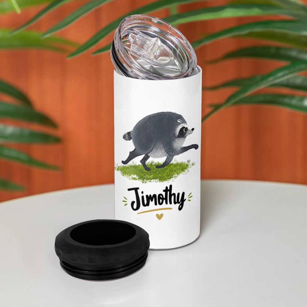 Cute Running Jimothy the Raccoon 4 in 1 Can Cooler Tumbler Viral Seattle Trash Panda Meme