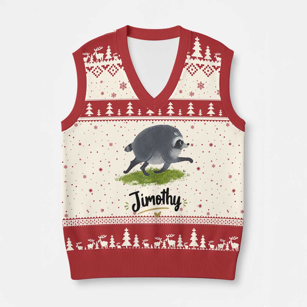 Cute Running Jimothy the Raccoon V-Neck Knit Sweater Vest Viral Seattle Trash Panda Meme