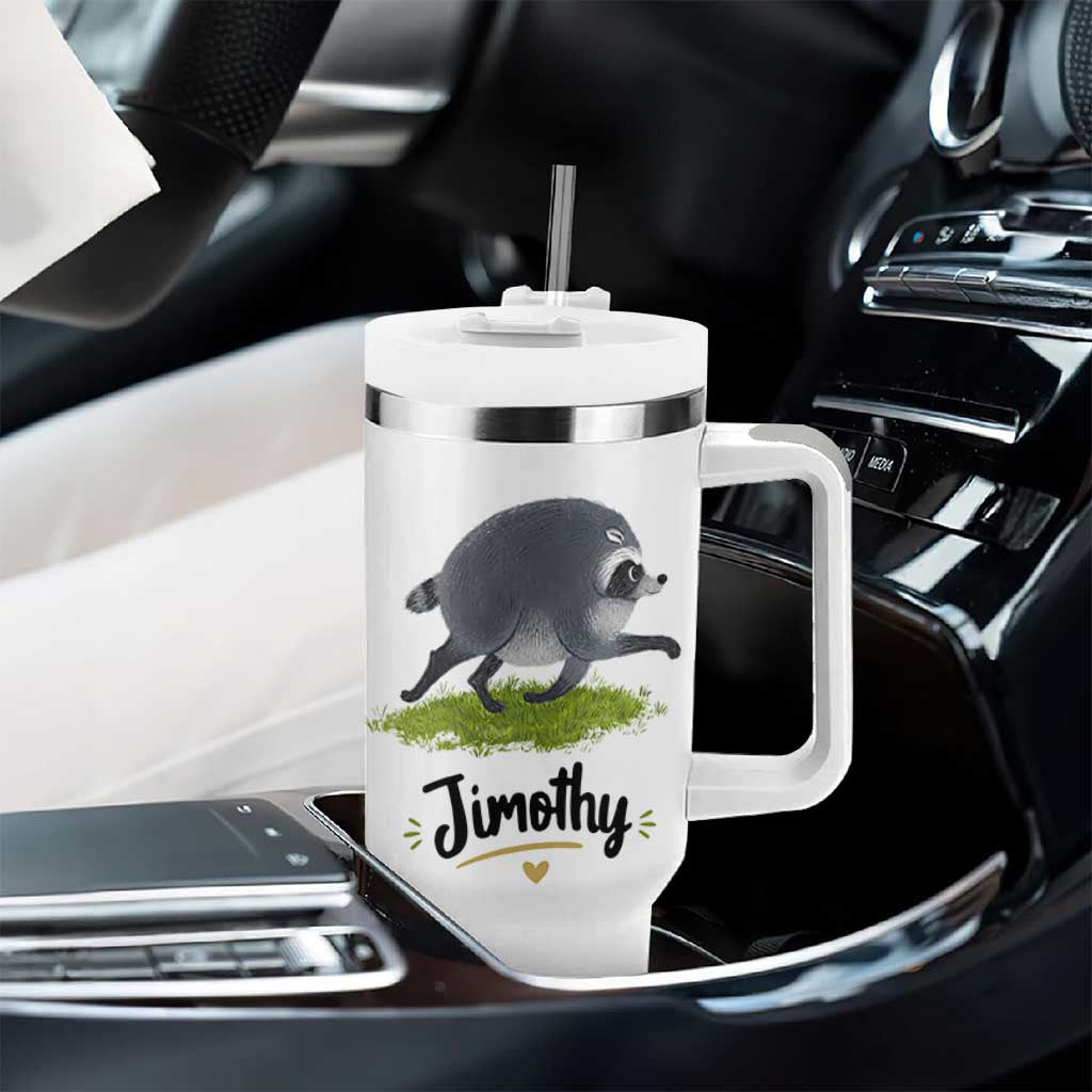 Cute Running Jimothy the Raccoon Tumbler With Handle Viral Seattle Trash Panda Meme