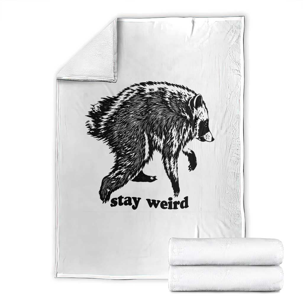 Stay Weird Jimothy the Raccoon Vintage Woodcut Style Graphic Throw Blanket Funny Seattle Trash Panda Meme