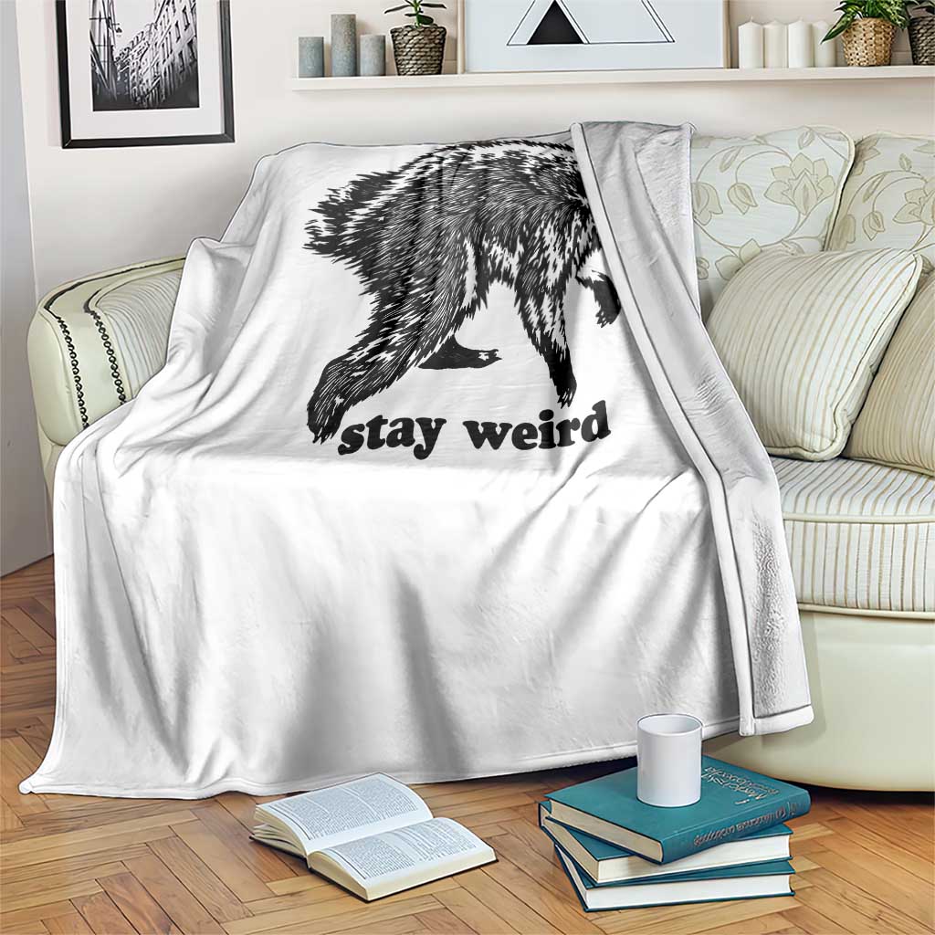 Stay Weird Jimothy the Raccoon Vintage Woodcut Style Graphic Throw Blanket Funny Seattle Trash Panda Meme