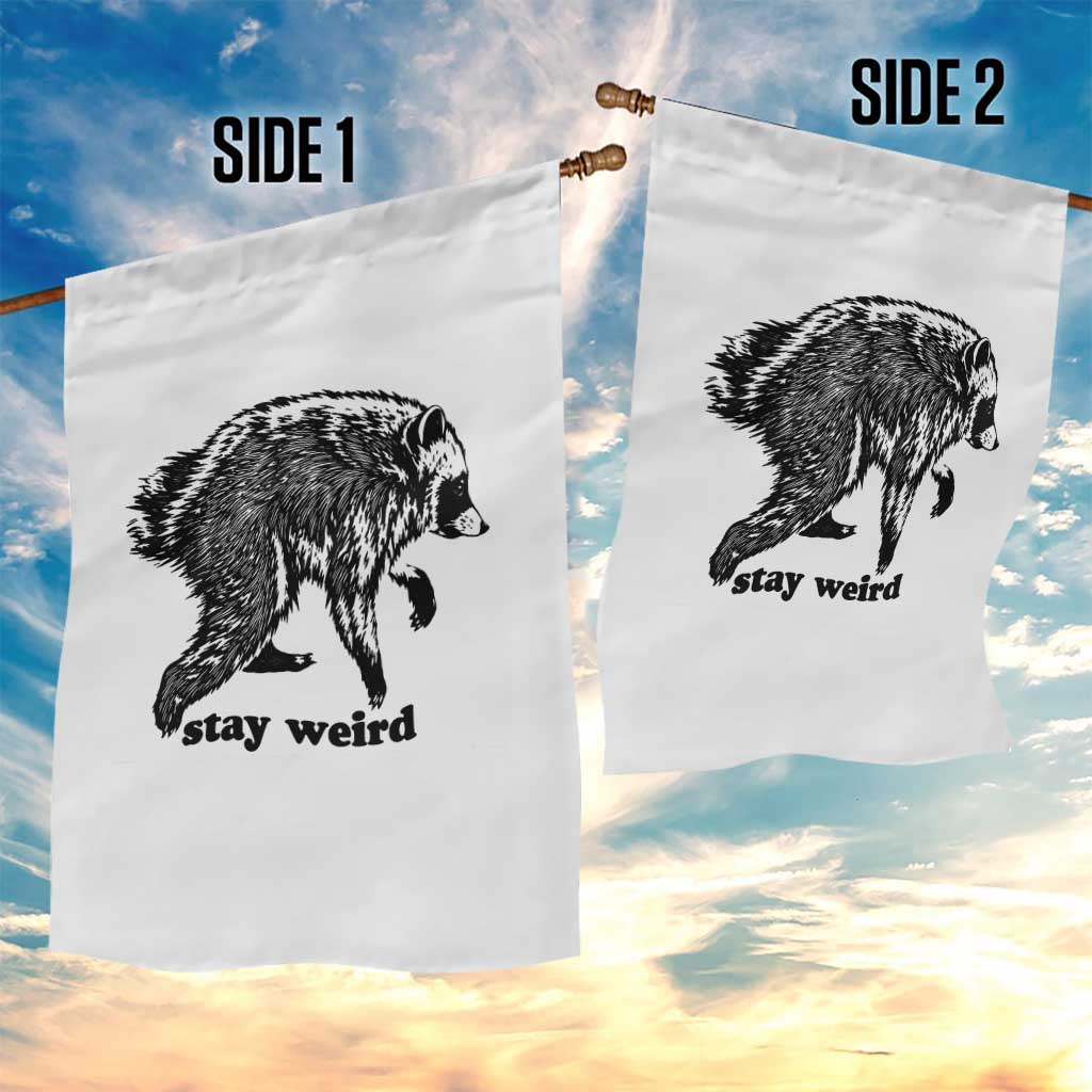 Stay Weird Jimothy the Raccoon Vintage Woodcut Style Graphic Garden Flag Funny Seattle Trash Panda Meme