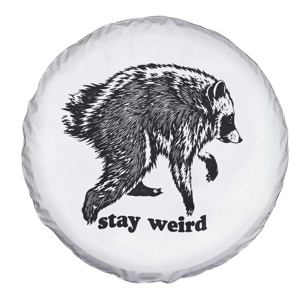 Stay Weird Jimothy the Raccoon Vintage Woodcut Style Graphic Spare Tire Cover Funny Seattle Trash Panda Meme