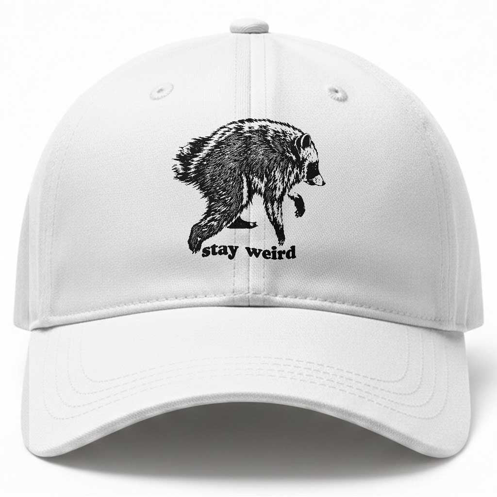 Stay Weird Jimothy the Raccoon Vintage Woodcut Style Graphic Baseball Cap Funny Seattle Trash Panda Meme