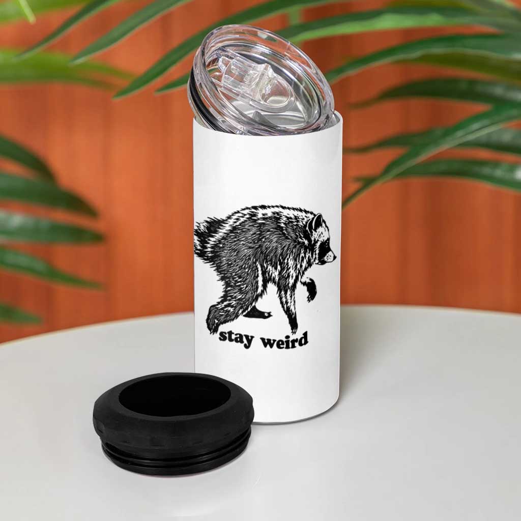 Stay Weird Jimothy the Raccoon Vintage Woodcut Style Graphic 4 in 1 Can Cooler Tumbler Funny Seattle Trash Panda Meme