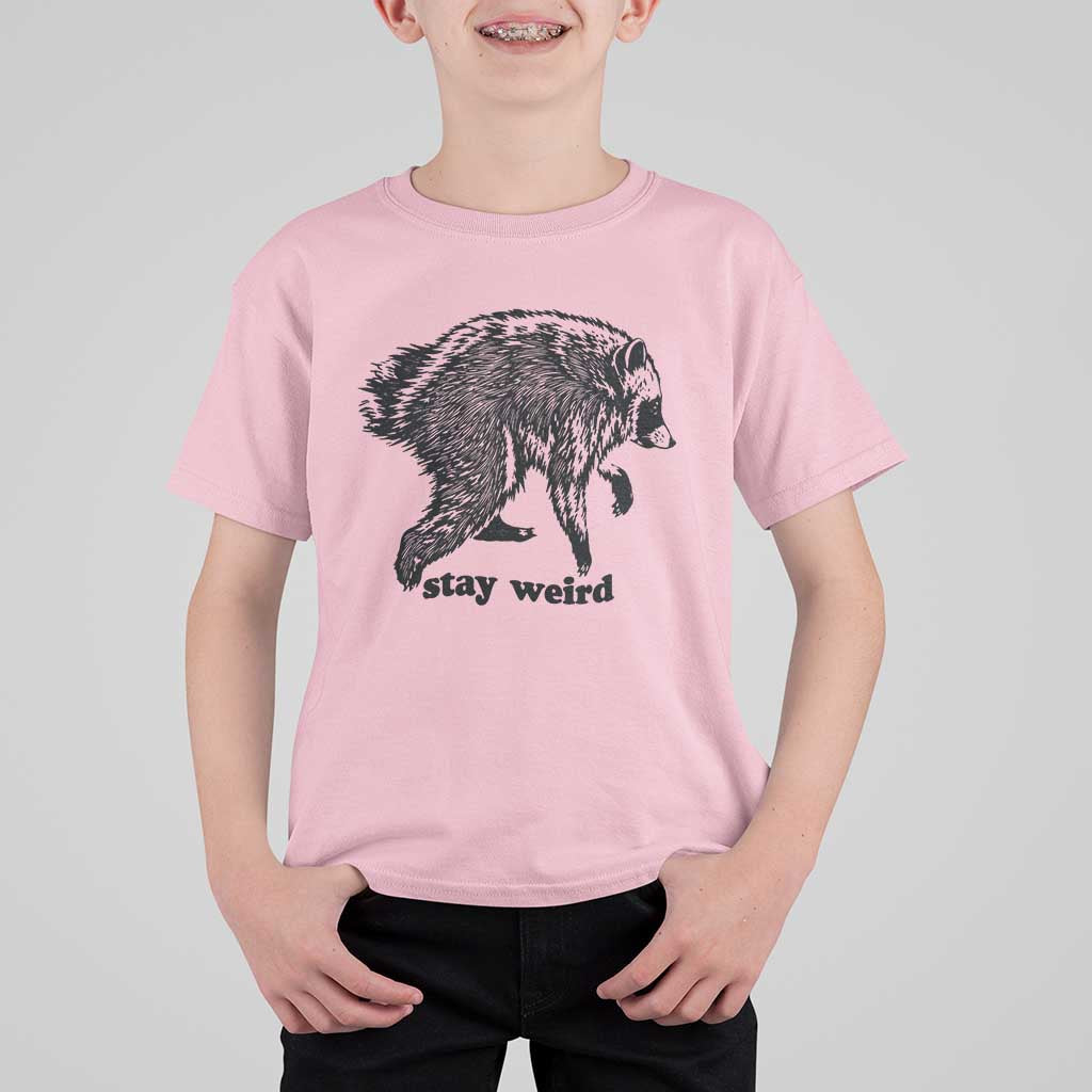 Stay Weird Jimothy the Raccoon Vintage Woodcut Style Graphic T Shirt For Kid Funny Seattle Trash Panda Meme