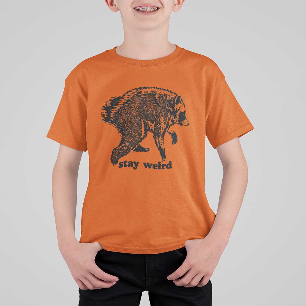 Stay Weird Jimothy the Raccoon Vintage Woodcut Style Graphic T Shirt For Kid Funny Seattle Trash Panda Meme