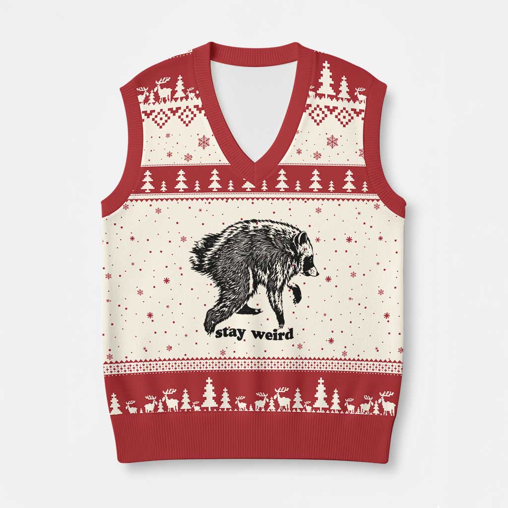 Stay Weird Jimothy the Raccoon Vintage Woodcut Style Graphic V-Neck Knit Sweater Vest Funny Seattle Trash Panda Meme