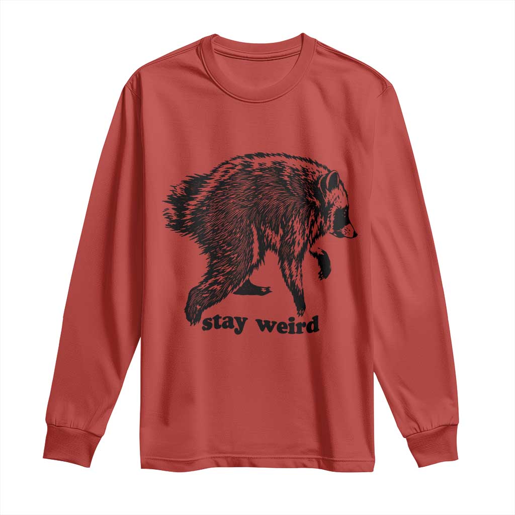 Stay Weird Jimothy the Raccoon Vintage Woodcut Style Graphic Long Sleeve Shirt Funny Seattle Trash Panda Meme