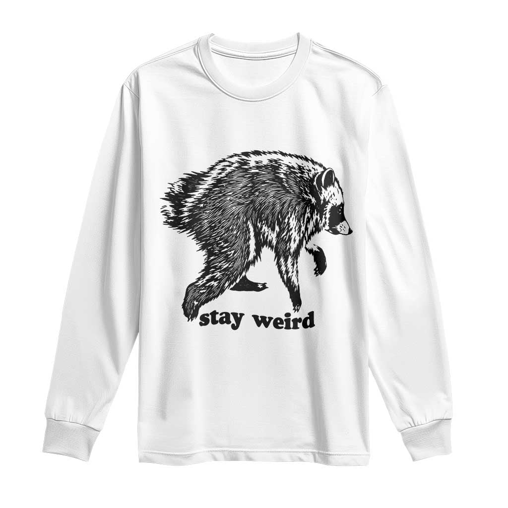 Stay Weird Jimothy the Raccoon Vintage Woodcut Style Graphic Long Sleeve Shirt Funny Seattle Trash Panda Meme