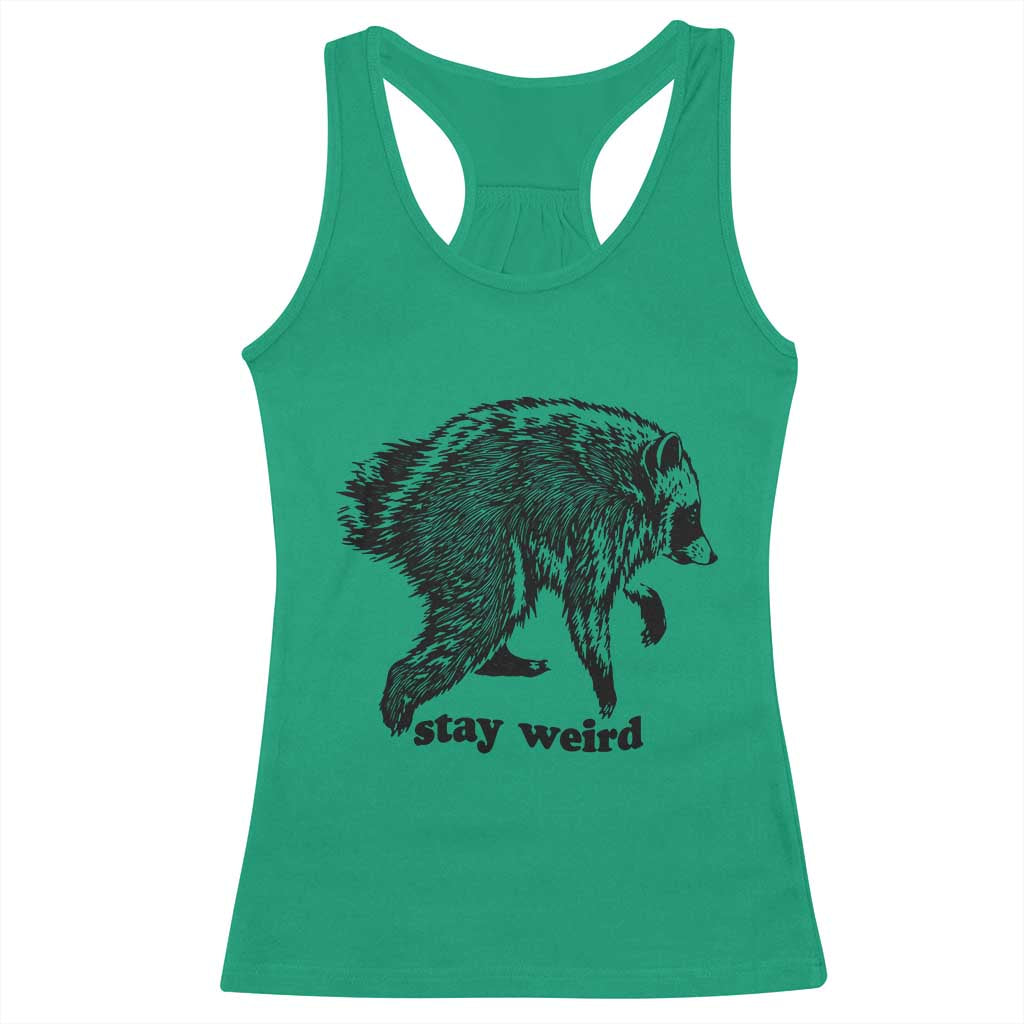 Stay Weird Jimothy the Raccoon Vintage Woodcut Style Graphic Racerback Tank Top Funny Seattle Trash Panda Meme