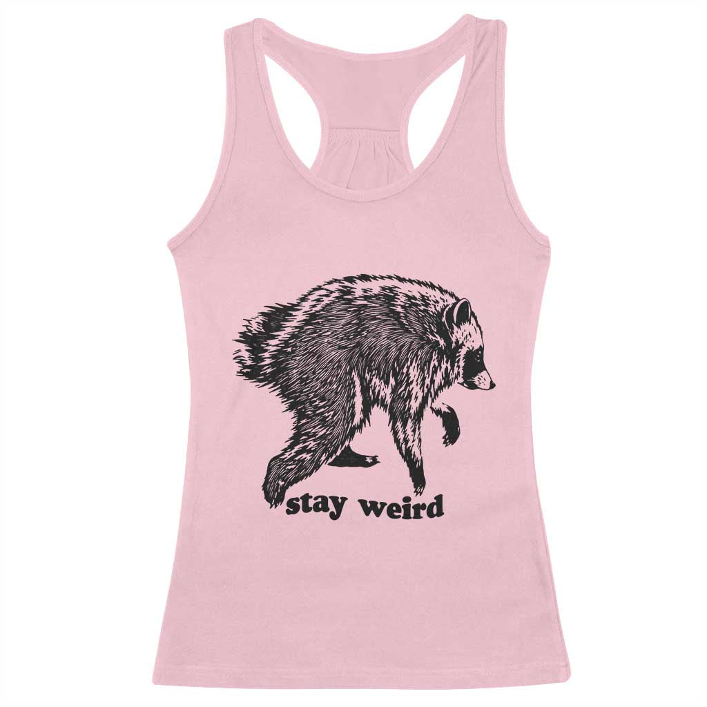 Stay Weird Jimothy the Raccoon Vintage Woodcut Style Graphic Racerback Tank Top Funny Seattle Trash Panda Meme