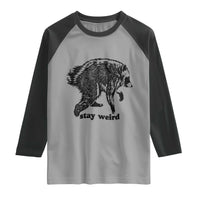 Stay Weird Jimothy the Raccoon Vintage Woodcut Style Graphic Raglan Shirt Funny Seattle Trash Panda Meme