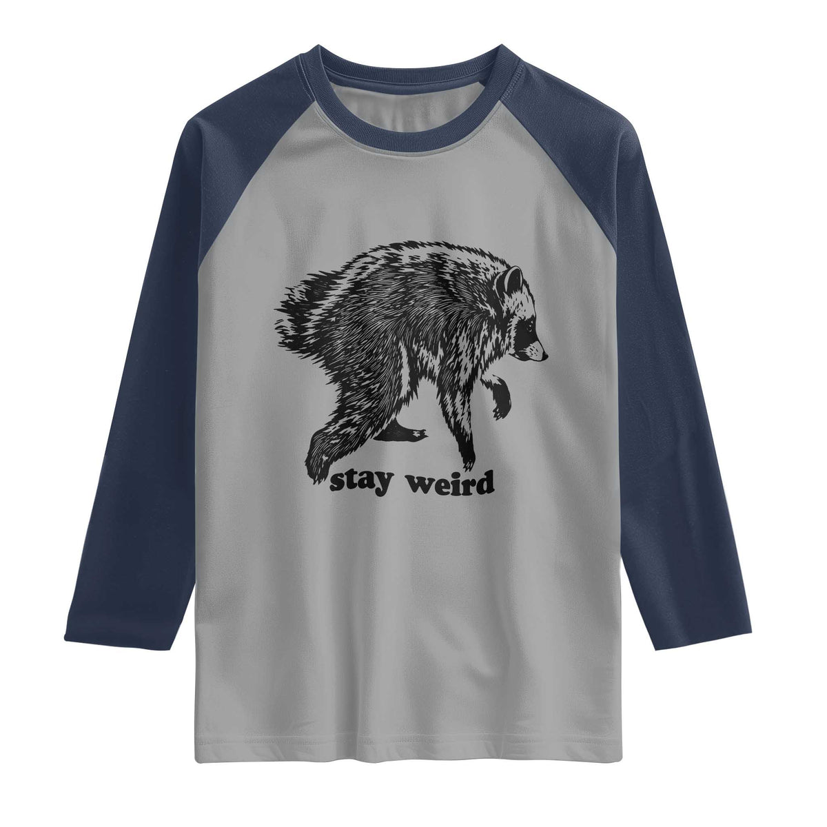 Stay Weird Jimothy the Raccoon Vintage Woodcut Style Graphic Raglan Shirt Funny Seattle Trash Panda Meme