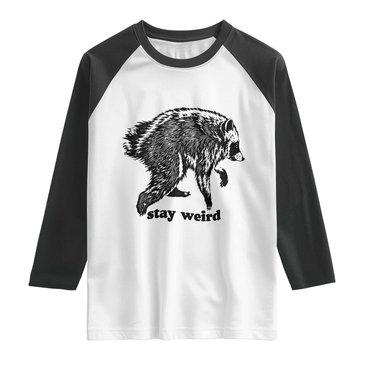 Stay Weird Jimothy the Raccoon Vintage Woodcut Style Graphic Raglan Shirt Funny Seattle Trash Panda Meme