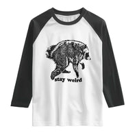 Stay Weird Jimothy the Raccoon Vintage Woodcut Style Graphic Raglan Shirt Funny Seattle Trash Panda Meme