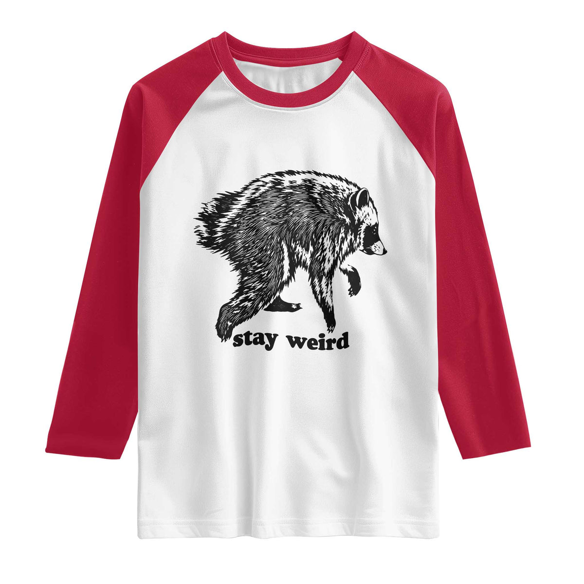 Stay Weird Jimothy the Raccoon Vintage Woodcut Style Graphic Raglan Shirt Funny Seattle Trash Panda Meme