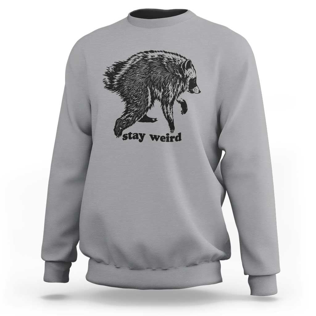 Stay Weird Jimothy the Raccoon Vintage Woodcut Style Graphic Sweatshirt Funny Seattle Trash Panda Meme
