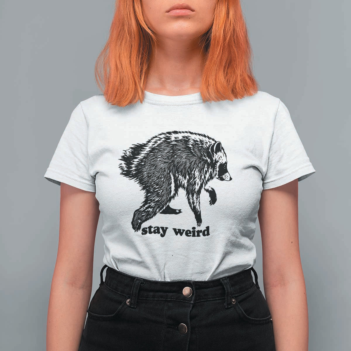 Stay Weird Jimothy the Raccoon Vintage Woodcut Style Graphic T Shirt For Women Funny Seattle Trash Panda Meme