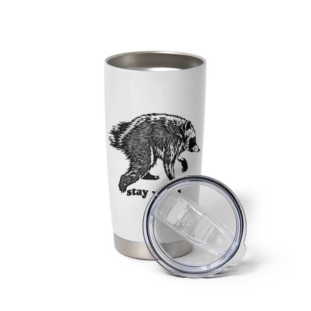 Stay Weird Jimothy the Raccoon Vintage Woodcut Style Graphic Tumbler Cup Funny Seattle Trash Panda Meme
