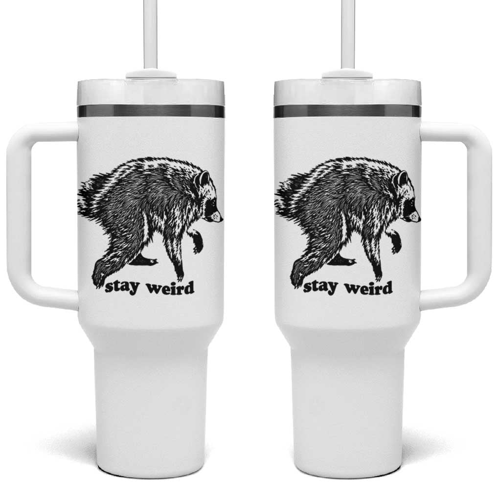 Stay Weird Jimothy the Raccoon Vintage Woodcut Style Graphic Tumbler With Handle Funny Seattle Trash Panda Meme