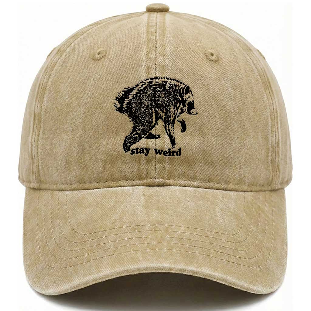 Stay Weird Jimothy the Raccoon Vintage Woodcut Style Graphic Washed Cotton Baseball Cap Funny Seattle Trash Panda Meme