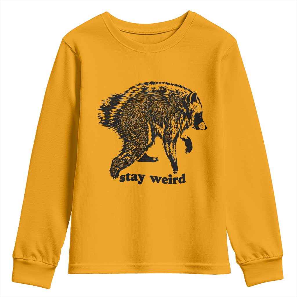 Stay Weird Jimothy the Raccoon Vintage Woodcut Style Graphic Youth Sweatshirt Funny Seattle Trash Panda Meme