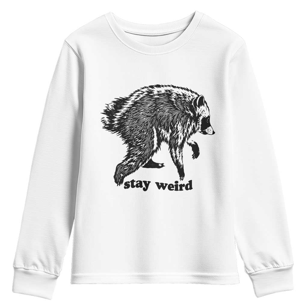 Stay Weird Jimothy the Raccoon Vintage Woodcut Style Graphic Youth Sweatshirt Funny Seattle Trash Panda Meme