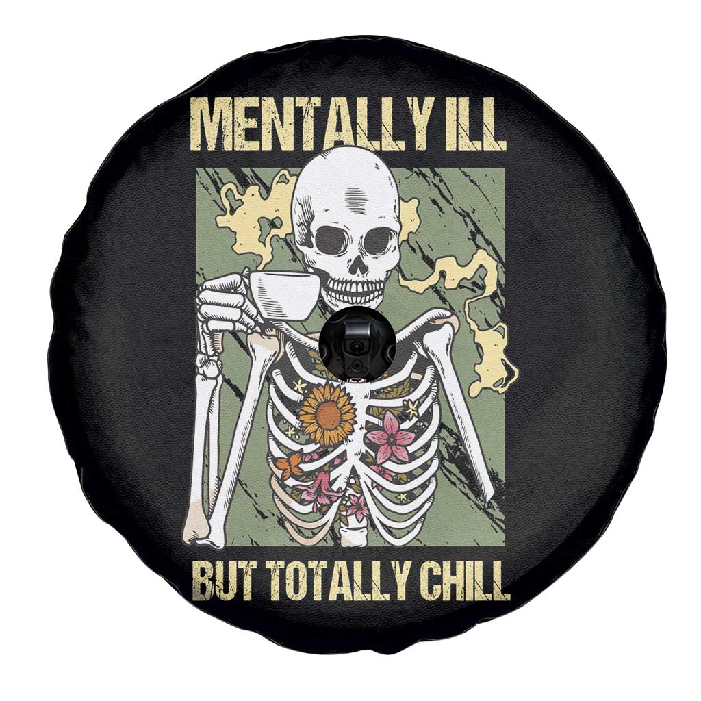 Funny Skeleton Spare Tire Cover Mentally Ill But Totally Chill Drinking Coffee Lover Halloween Costume