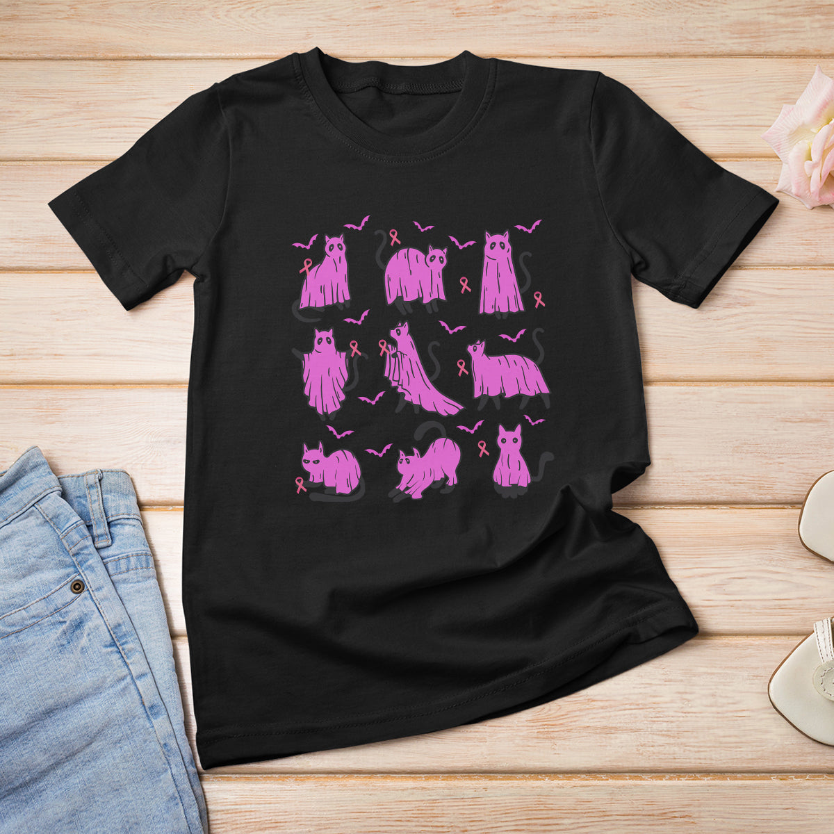 Breast Cancer Cat T Shirt Funny Ghost Black Cat Pink Ribbon Support Breast Cancer Warrior - Wonder Print Shop