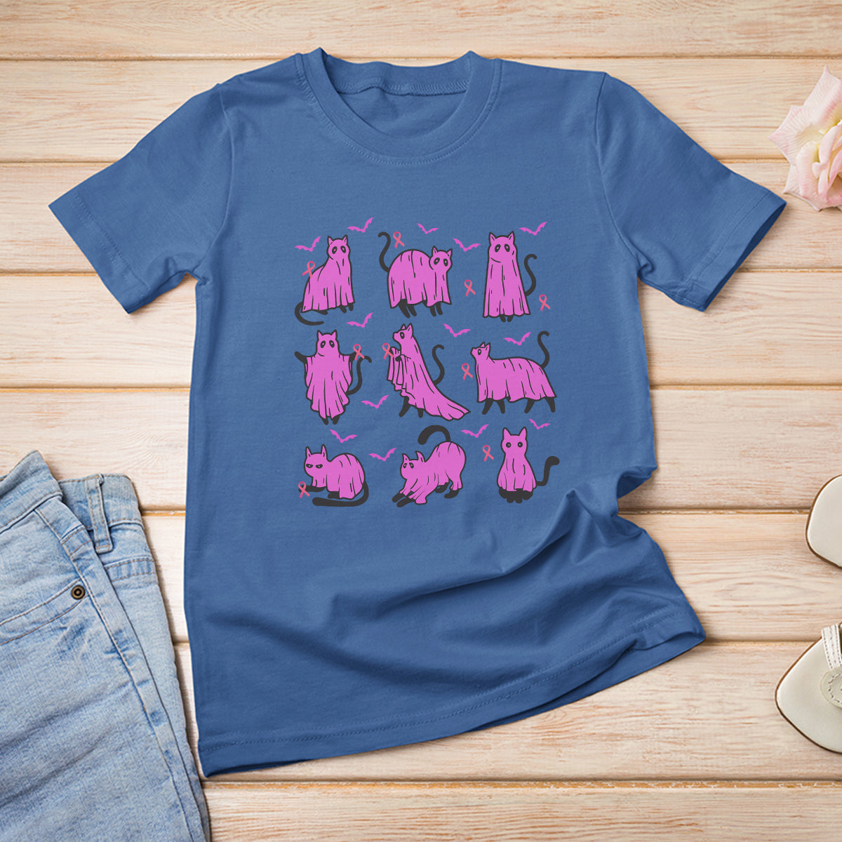 Breast Cancer Cat T Shirt Funny Ghost Black Cat Pink Ribbon Support Breast Cancer Warrior - Wonder Print Shop