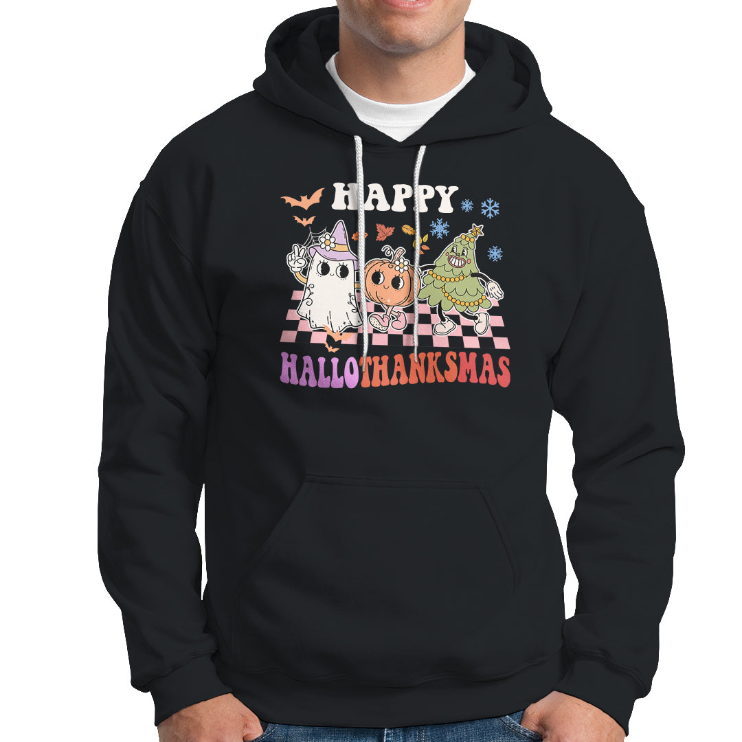 Hallothanksmas Hoodie Halloween Thanksgiving Christmas Groovy Happy HalloThanksMas - Wonder Print Shop