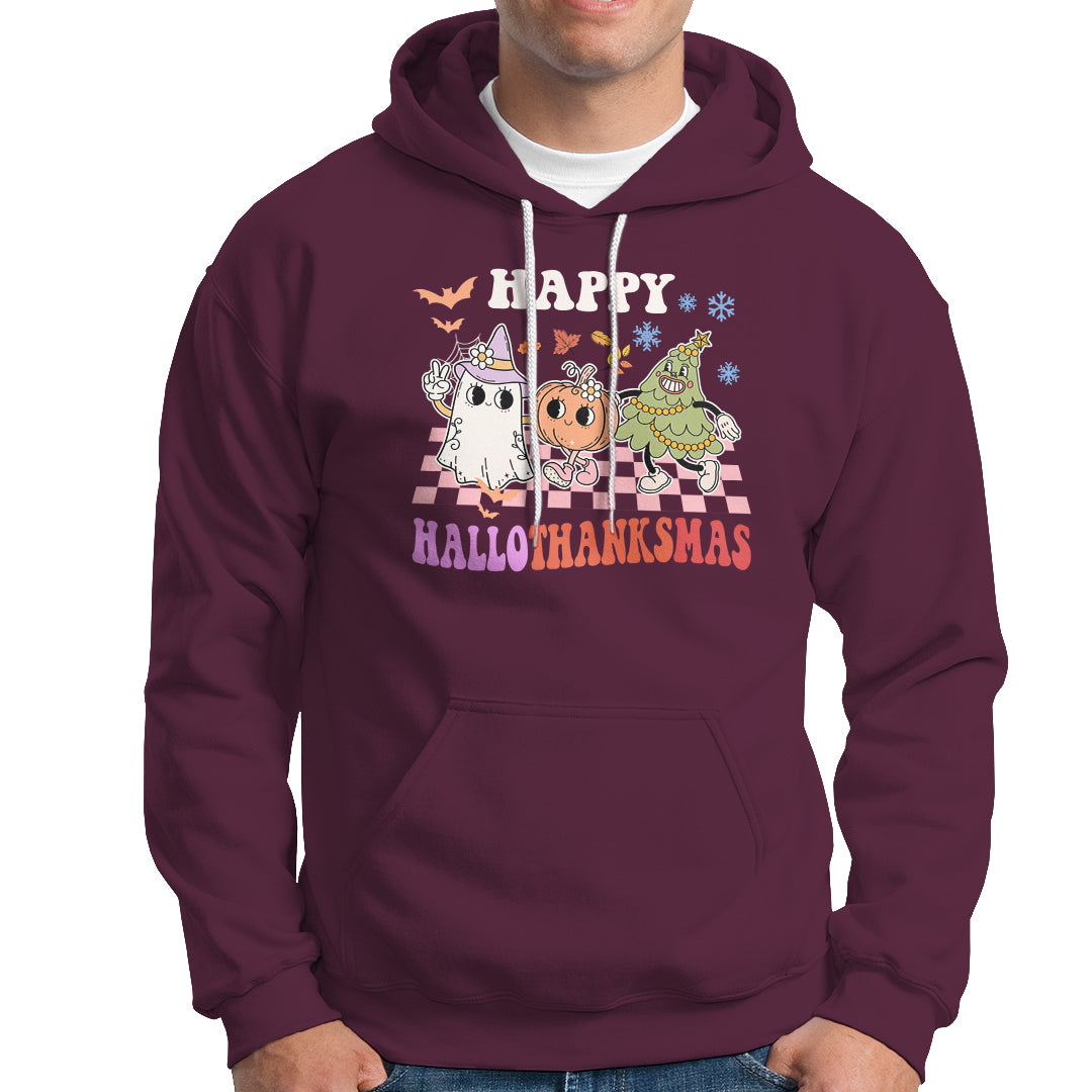 Hallothanksmas Hoodie Halloween Thanksgiving Christmas Groovy Happy HalloThanksMas - Wonder Print Shop